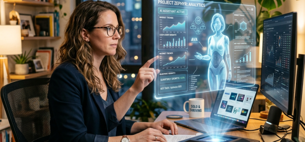 Woman at desk using holographic AI analytics interface showing project data and avatar