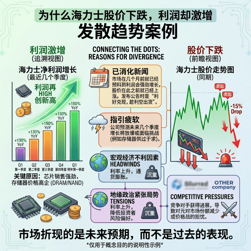 Infographic showing SK Hynix profit growth versus stock price divergence with reasons for the gap