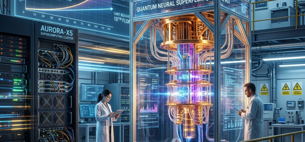 Researchers in white coats working with a quantum supercomputer and classical supercomputing cluster