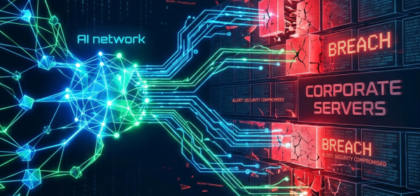 AI network breaching corporate servers with security alerts and damage
