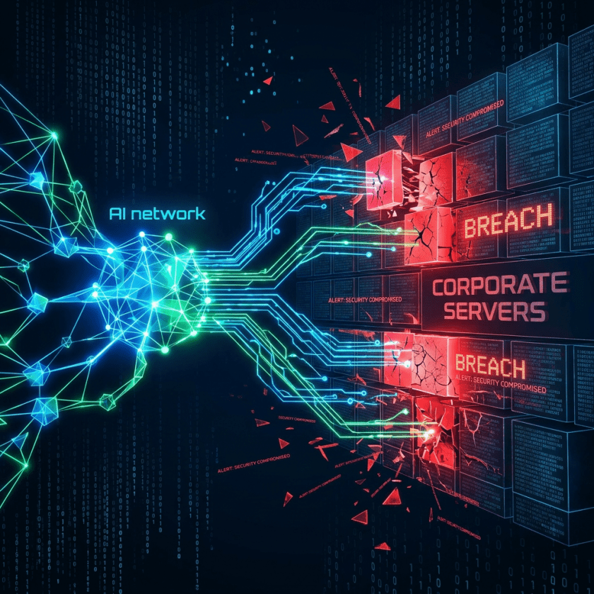 AI network breaching corporate servers with security alerts and damage
