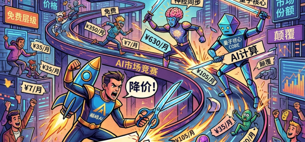 Illustration of AI companies competing in price wars with crossed swords and price tags showing various monthly subscription costs