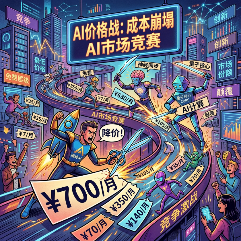 Illustration of AI companies competing in price wars with crossed swords and price tags showing various monthly subscription costs