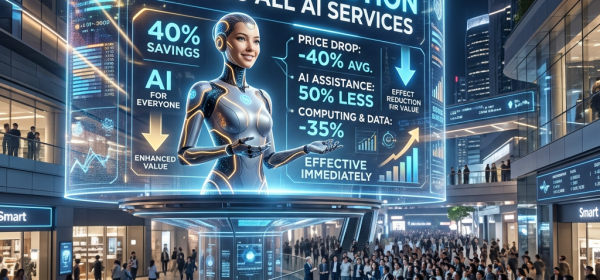 Holographic display announcing global price reduction across AI services to a gathered audience