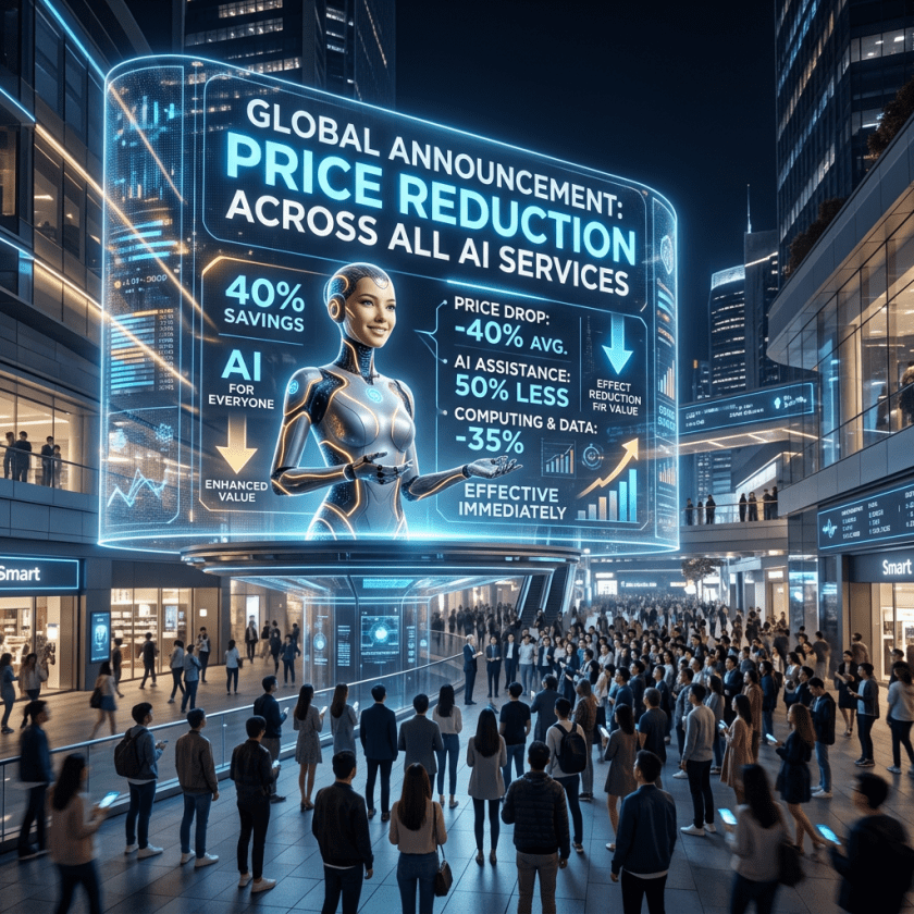 Holographic display announcing global price reduction across AI services to a gathered audience