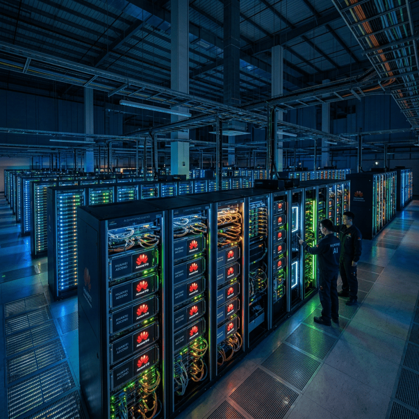 Technicians working on server racks in an AI data center with network cables and Huawei logos