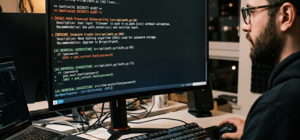 Computer screen showing code security scan alerts with developer working