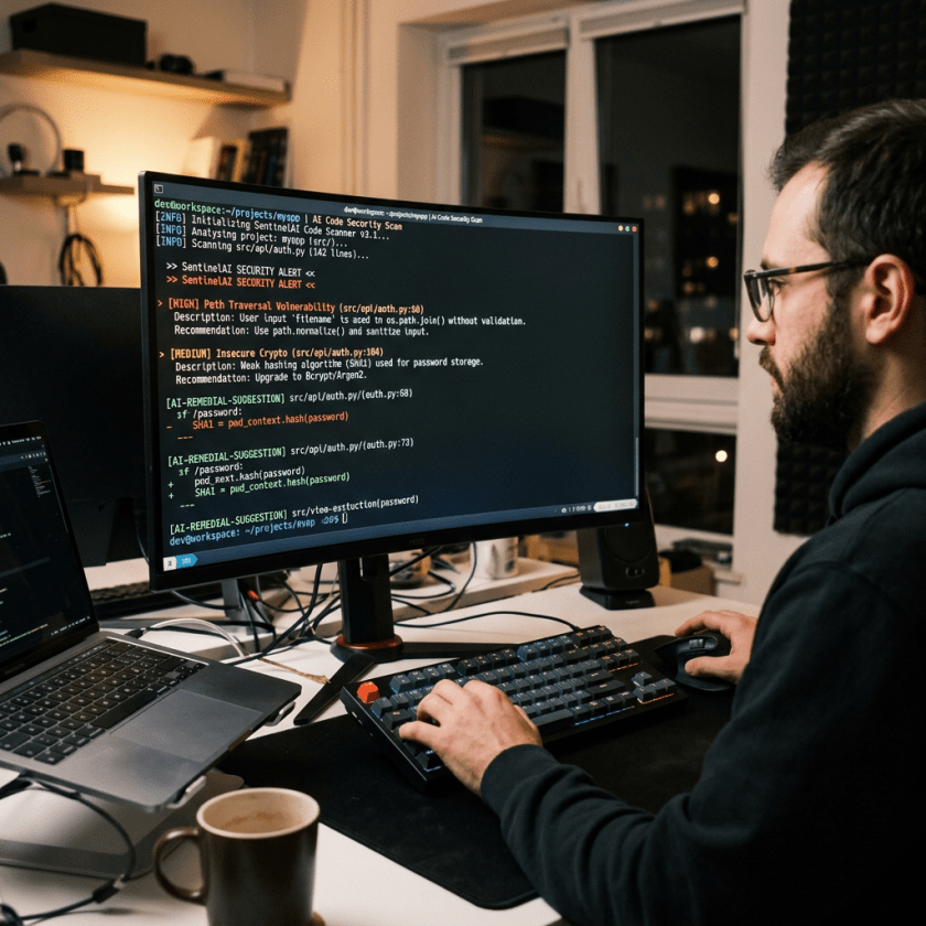 Computer screen showing code security scan alerts with developer working