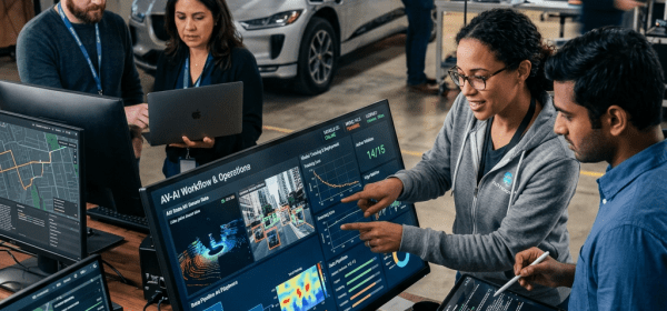 Engineers analyzing autonomous vehicle data and code with a prototype car in background