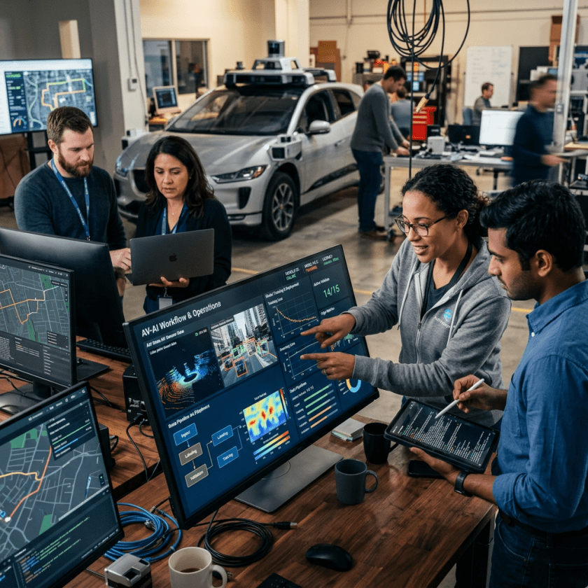 Engineers analyzing autonomous vehicle data and code with a prototype car in background