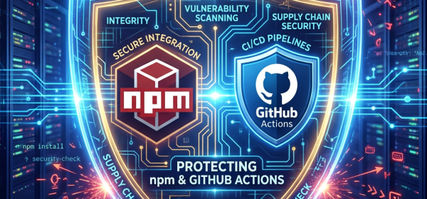 Cybersecurity shield graphic showing npm and GitHub Actions icons with vulnerability scanning and supply chain security labels