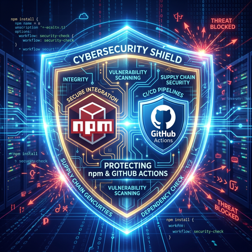 Cybersecurity shield graphic showing npm and GitHub Actions icons with vulnerability scanning and supply chain security labels