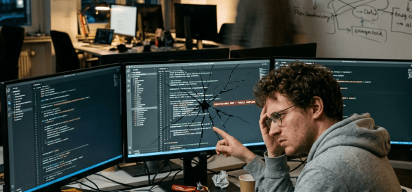 Programmer pointing to error message on cracked computer monitor with code