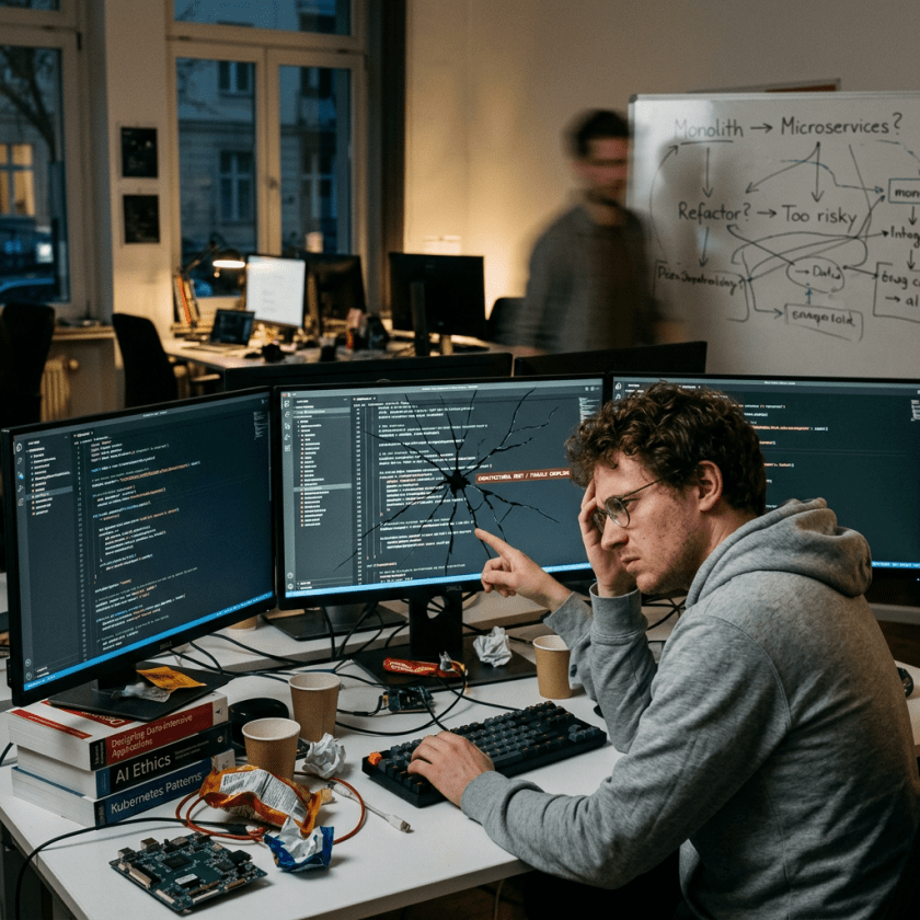 Programmer pointing to error message on cracked computer monitor with code