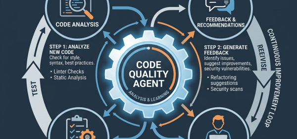 Diagram of CI pipeline agent loop showing steps: code analysis, feedback and recommendations, developer revision, automated testing to improve code quality.