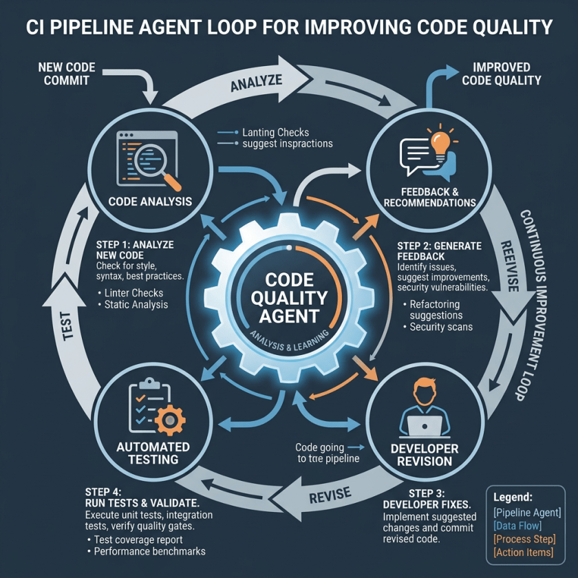 Diagram of CI pipeline agent loop showing steps: code analysis, feedback and recommendations, developer revision, automated testing to improve code quality.