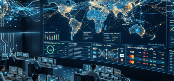 Control room with multiple analysts monitoring global payment network security on large screens