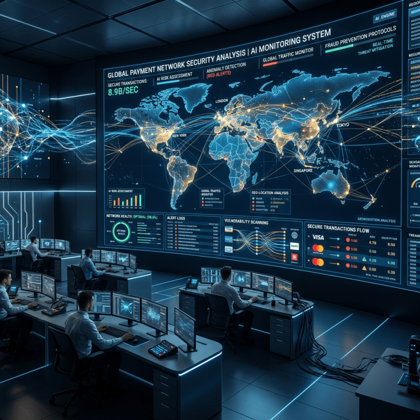 Control room with multiple analysts monitoring global payment network security on large screens