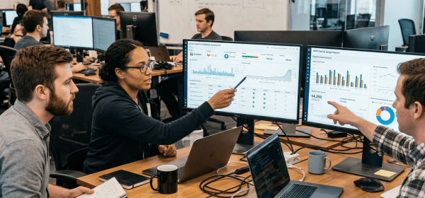 Three colleagues discussing chart data on computer screens in an office