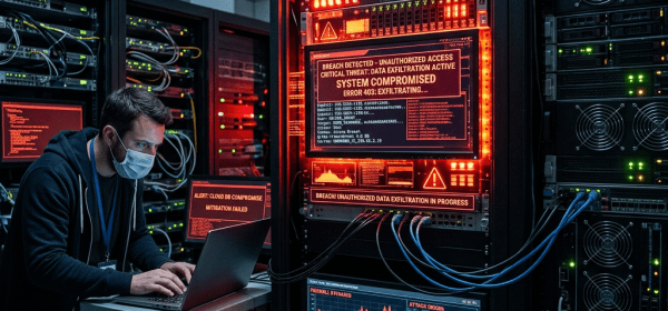 IT specialist wearing mask working on laptop in server room with alert screens showing system compromised and data exfiltration
