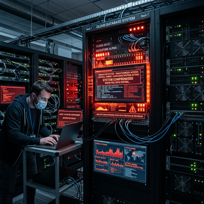 IT specialist wearing mask working on laptop in server room with alert screens showing system compromised and data exfiltration