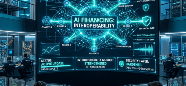 Cybersecurity team monitoring AI protocol update with multiple screens and network diagrams