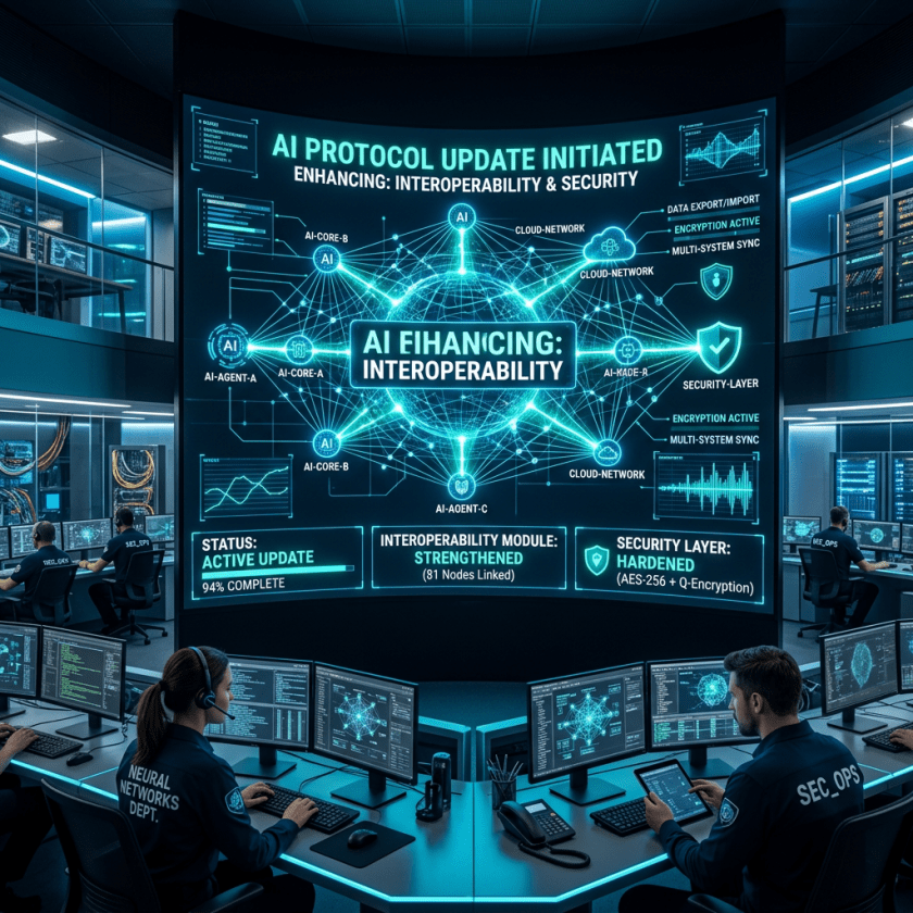 Cybersecurity team monitoring AI protocol update with multiple screens and network diagrams