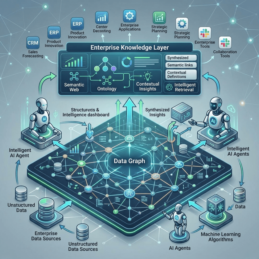 Enterprise data graph with AI agents processing structured and unstructured data for insightful analytics