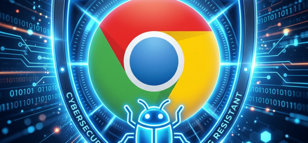 Chrome logo inside a glowing digital shield with a bug icon and technology background