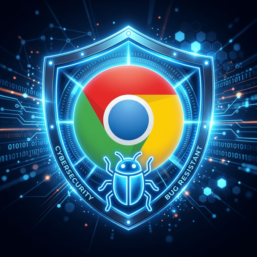 Chrome logo inside a glowing digital shield with a bug icon and technology background