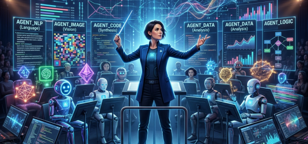 A conductor directing an orchestra of robots labeled with AI functions like NLP, vision, code synthesis, and data analysis.