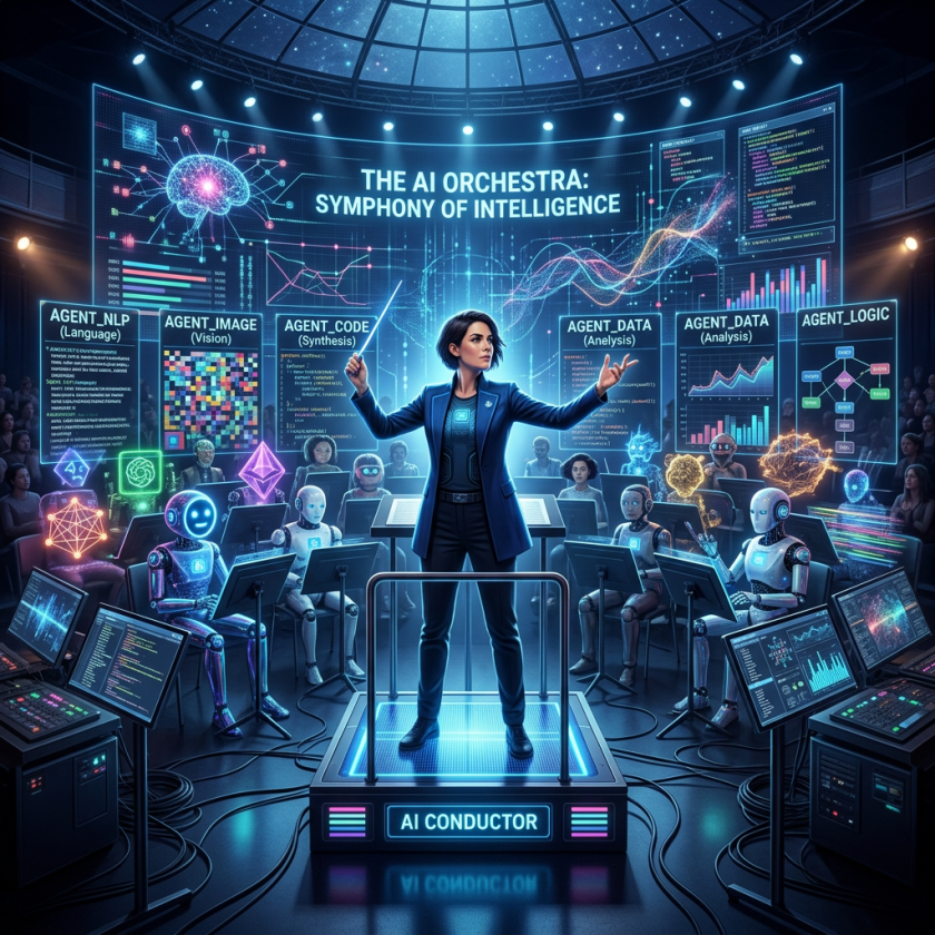 A conductor directing an orchestra of robots labeled with AI functions like NLP, vision, code synthesis, and data analysis.