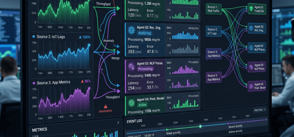 Dashboard showing AI data streams, active AI agents, metrics, and agent flow relationships