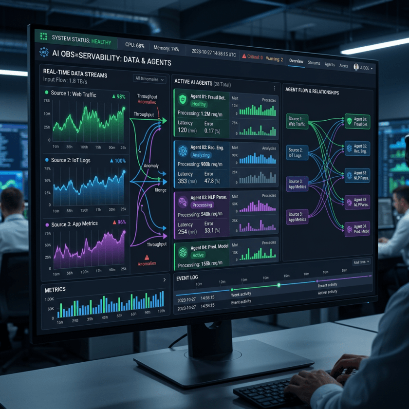 Dashboard showing AI data streams, active AI agents, metrics, and agent flow relationships