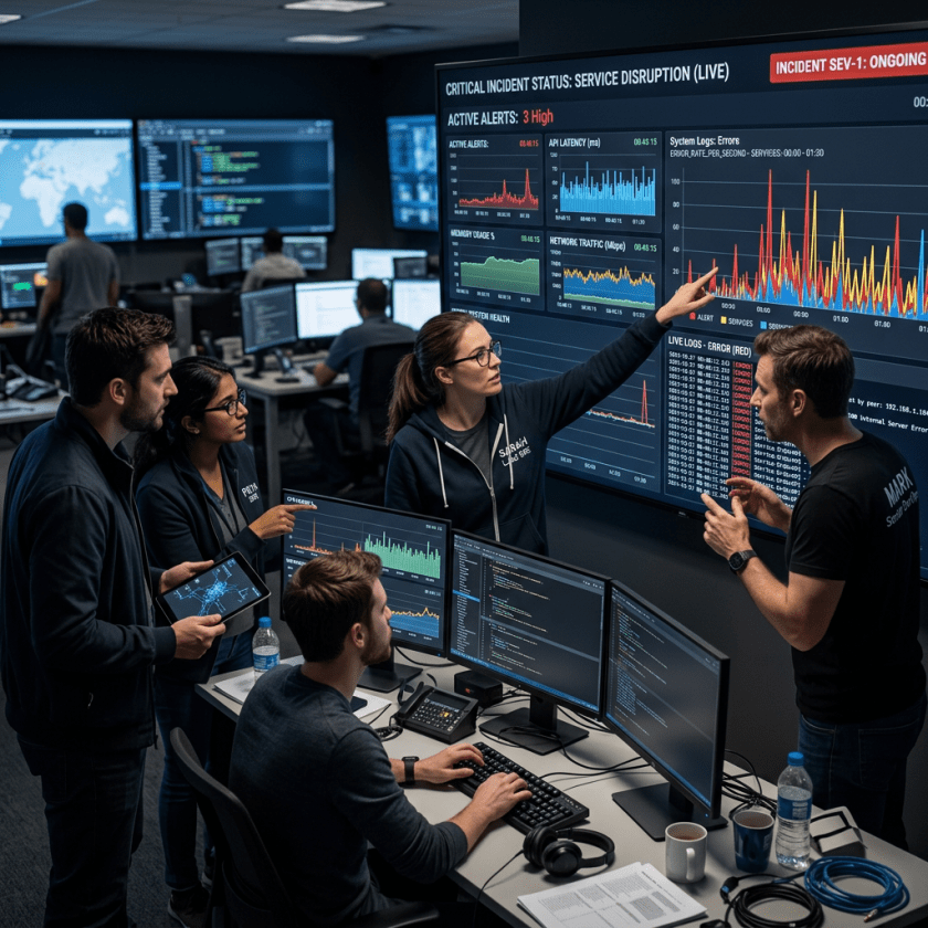 IT team reviewing live service disruption data and network traffic on multiple monitors