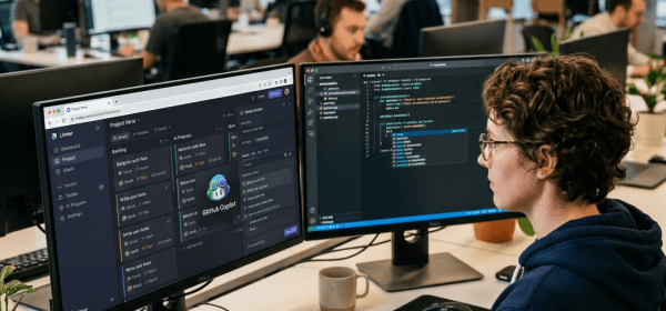 Software developer coding on one monitor and tracking project tasks on another in an open office