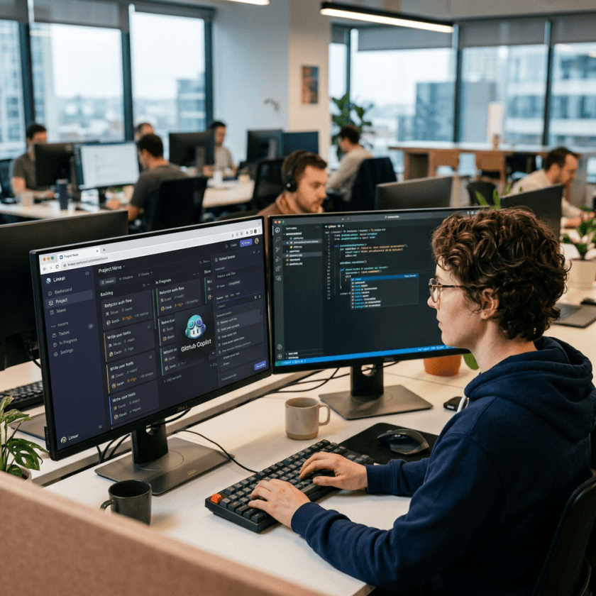 Software developer coding on one monitor and tracking project tasks on another in an open office