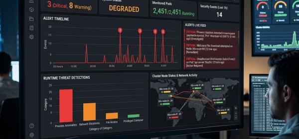 Kubernetes security dashboard showing critical alerts, system status degraded, monitored pods running, alert timeline graph, threat detection bar chart, and cluster node network map