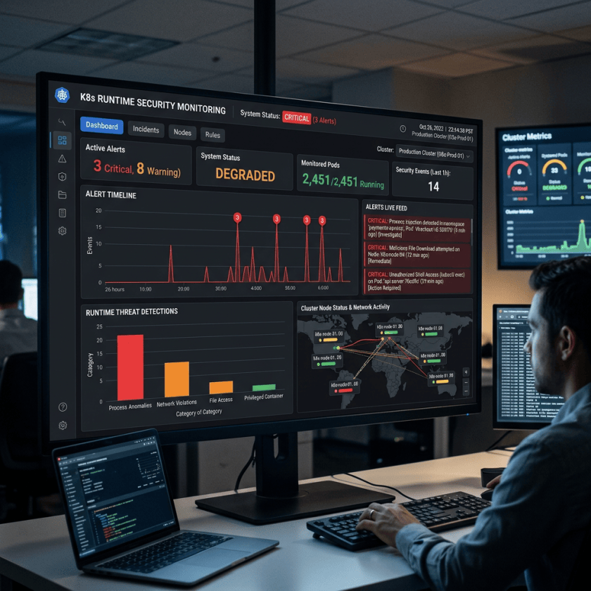 Kubernetes security dashboard showing critical alerts, system status degraded, monitored pods running, alert timeline graph, threat detection bar chart, and cluster node network map