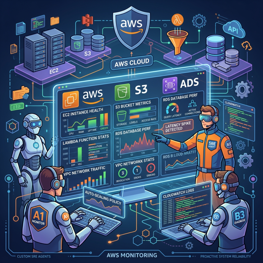 AWS cloud monitoring dashboard showing EC2, S3, ADS performance metrics with SRE agents and AI