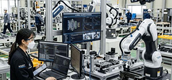 Technician with laptop and tablet controlling robotic arms in industrial lab