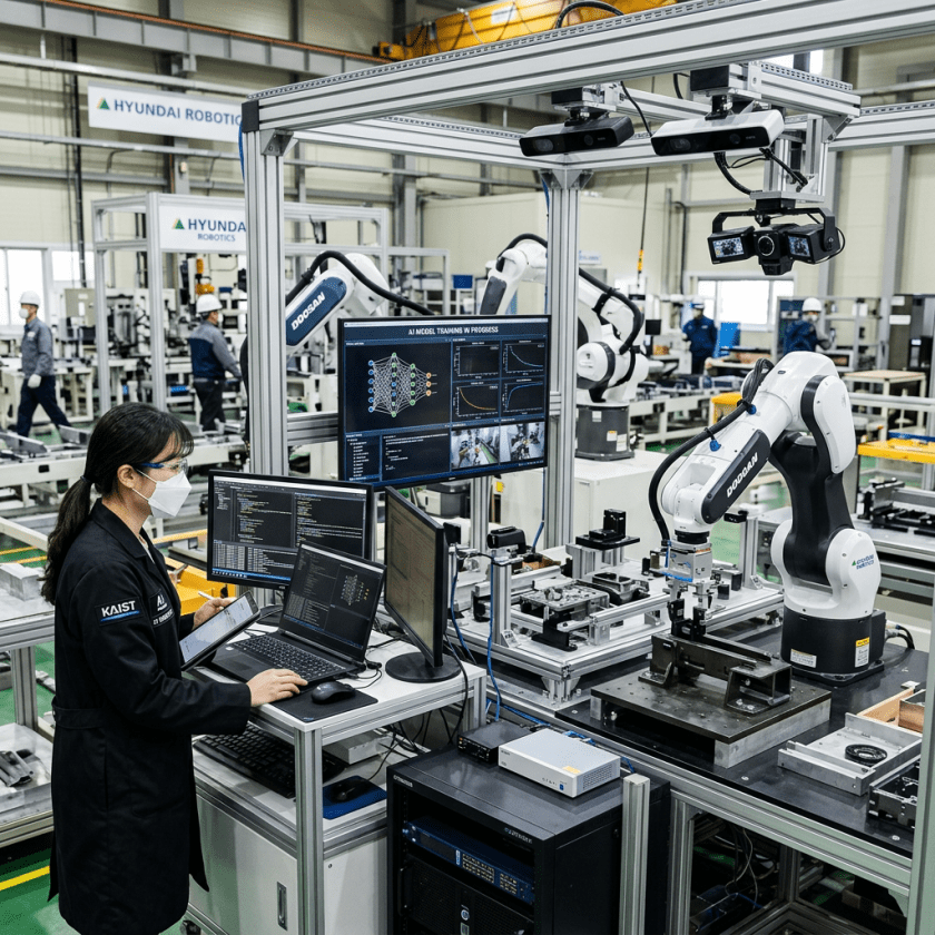 Technician with laptop and tablet controlling robotic arms in industrial lab
