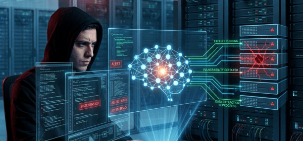 Hacker in a data center with holographic AI brain and system breach alerts