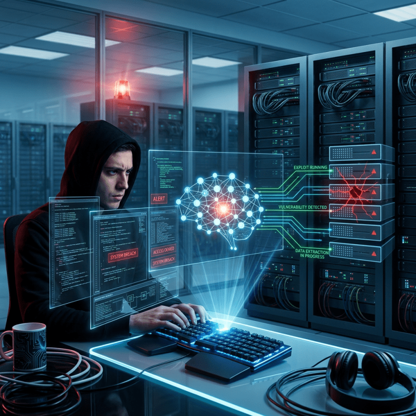 Hacker in a data center with holographic AI brain and system breach alerts