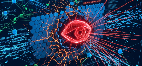 Digital cybersecurity breach alert with network connections and intrusion detection