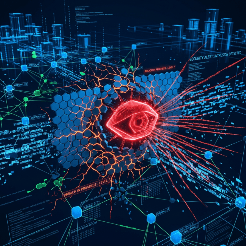 Digital cybersecurity breach alert with network connections and intrusion detection