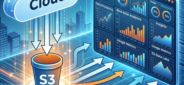Cloud data flowing into S3 storage bucket with analytics dashboard showing data metrics