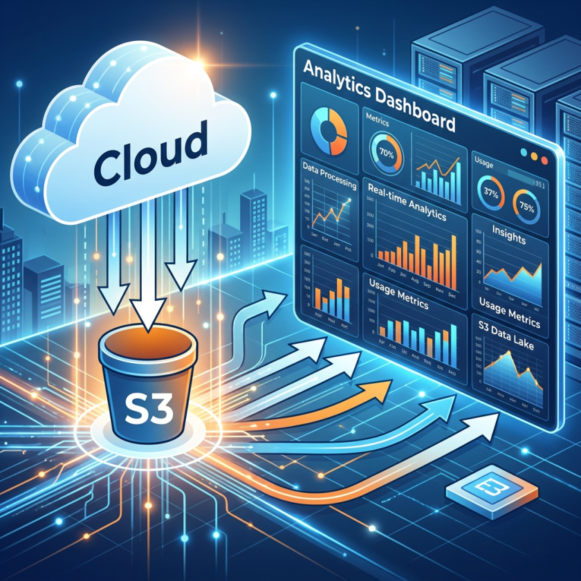Cloud data flowing into S3 storage bucket with analytics dashboard showing data metrics