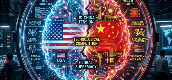 Split digital brain with USA and China flags representing AI and technology competition