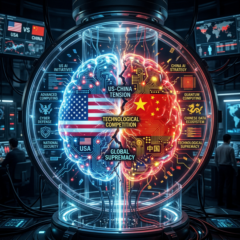 Split digital brain with USA and China flags representing AI and technology competition